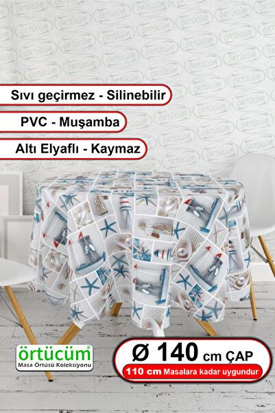 Örtücüm Yuvarlak Deniz Desenli Astarlı Pvc Muşamba Masa Örtüsü Silinebilir 14...