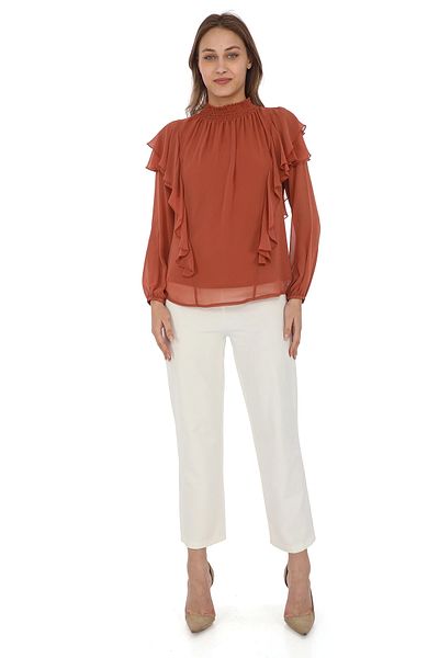 lodmela Μπλούζα Tan Chiffon - Shoulder Ruffles and Guiped, Model 6001