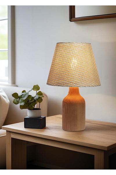 EFLIGHTDESIGN Wooden Lampshade Wicker Cream Pattern Modern Stylish Bedroom Living Room Table Lamp