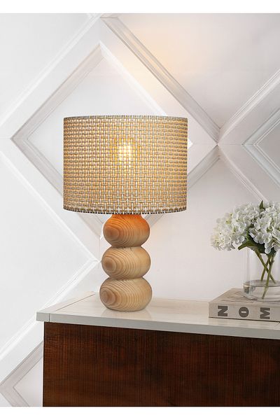 EFLIGHTDESIGN Wooden Lampshade Cream Wicker Pattern Modern Stylish Bedroom Living Room Table Lamp