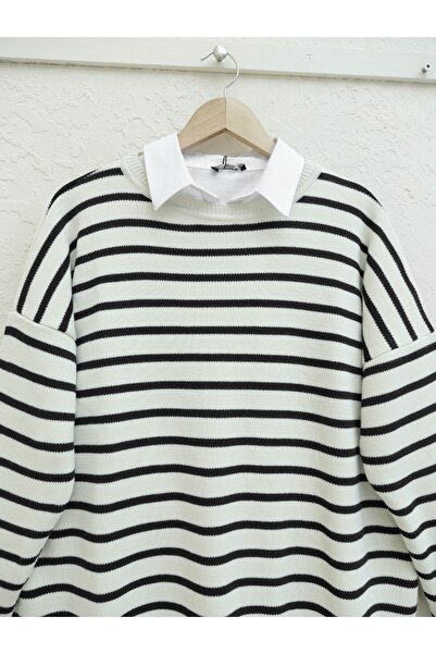 Modamorfo Πλεκτό τουνίκ Crew Neck Side Striped -κρέμα