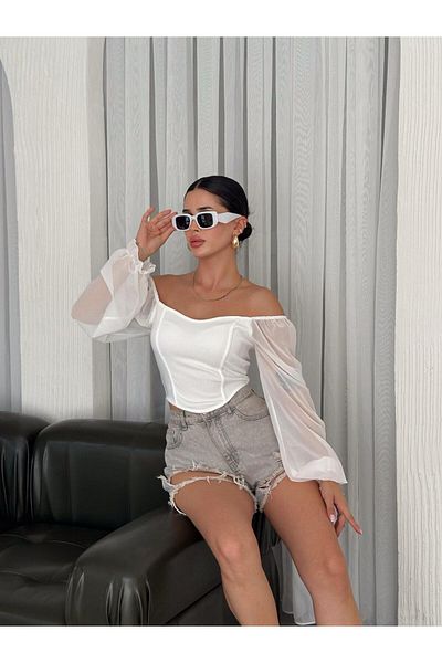 aytenli Square Neck Chiffon Long Sleeve with Elastic Mouth Part Lightweight Triangle Cut Ottoman Fabric Crop Blouse with Piping Detail