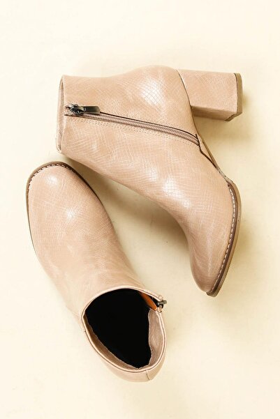 Birikon Yılan Derisi Baskılı Fermuarlı Topuklu Bot TEN