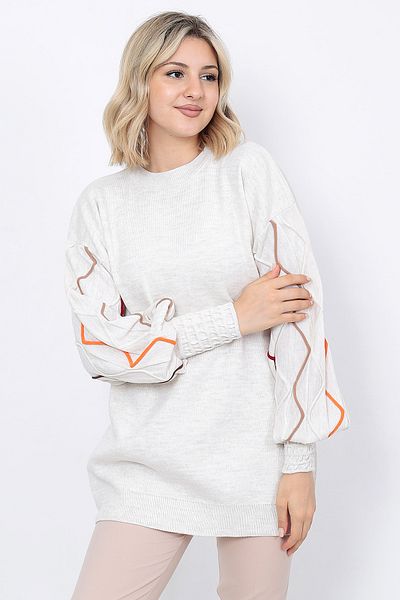 LUGMO Stone Colored Striped Women's Knitwear Sweater Sleeve
