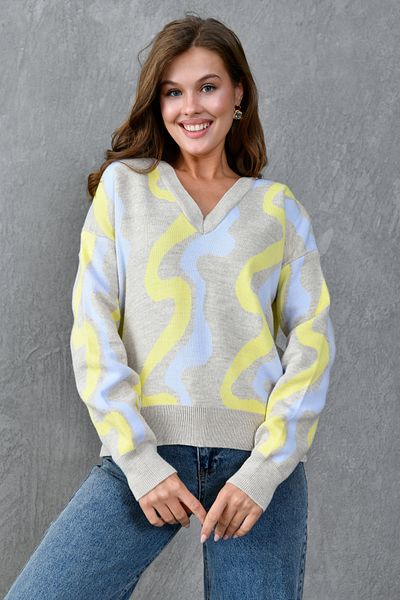 bayansepeti Colorful Geometric Patterned V-Neck Knitwear Sweater 0128