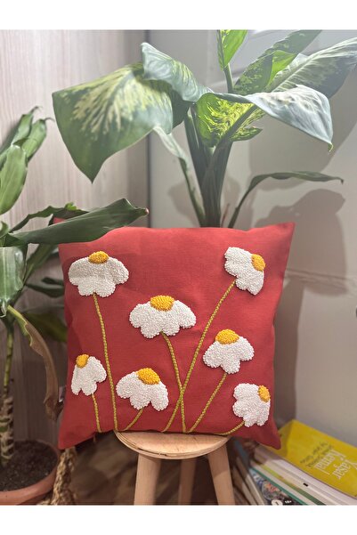 Papatya Desenli Punch Panç İşlemeli Kiremit Yastık Kırlent Kılıfı 42 x 42 cm