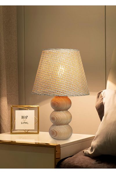 EFLIGHTDESIGN Wooden Lampshade Cream Wicker Pattern Modern Stylish Bedroom Living Room Table Lamp