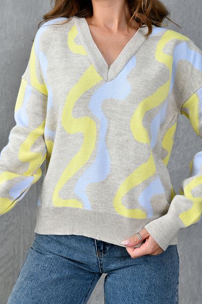 bayansepeti Colorful Geometric Patterned V-Neck Knitwear Sweater 0128