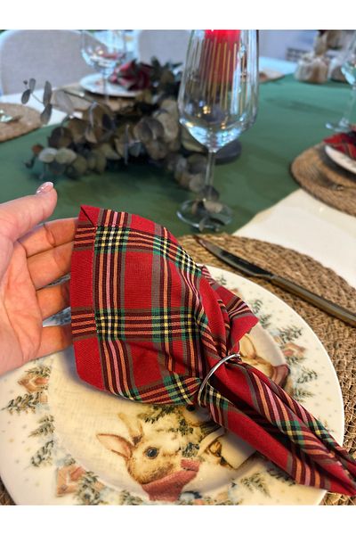 Decamor home 6-Piece Cotton Linen Plaid Stain-Proof Green Red Napkin