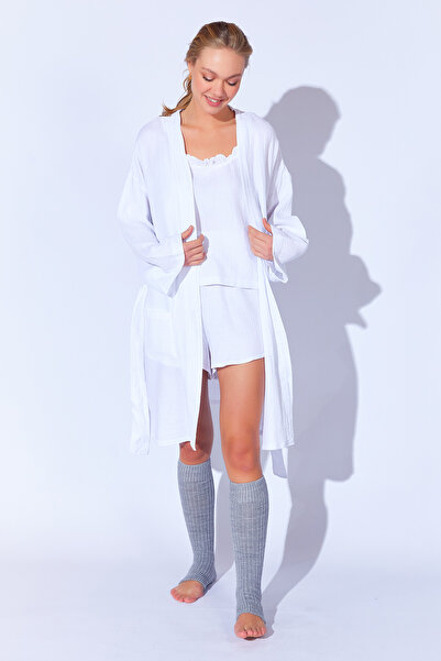 Manche %100 Organik Pamuk Müslin Yıkamalı Sabahlık Kimono Beyaz | MKW359976-01