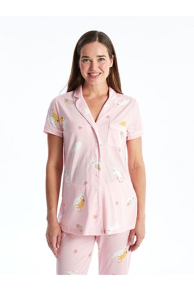 LC Waikiki Lcw Shirt Collar Patterned Short Sleeve Maternity Pajamas Set