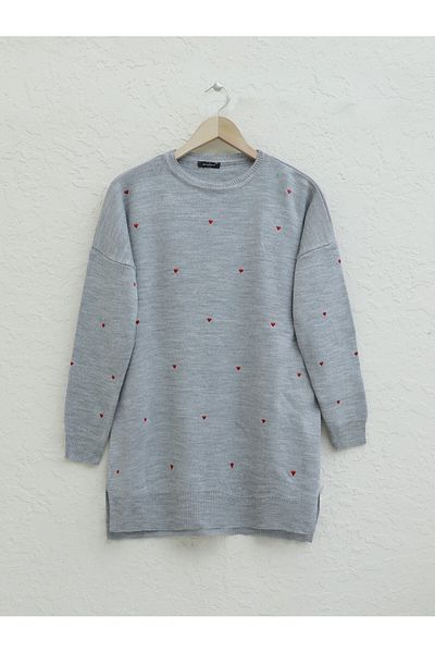 Modamorfo Crew Neck Gray Knitwear Tunic - Heart Embroidered