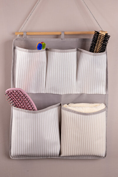 Textile sweet Organizator gri cu 5 buzunare, multifuncțional, suspendat, mont...