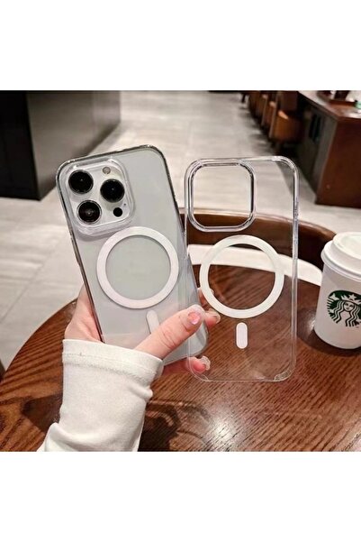 halkhouse iPhone 12 Pro Max Kılıf Magsafe Şarj Özellikli Şeffaf Embos Sert Si...