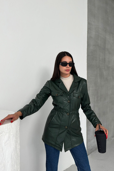 LACHT DF Kadın Yeşil Beli Lastikli Düğmeli Deri Trençkot