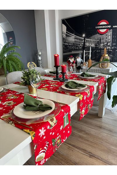 Decamor home New Year Themed Red Green Figured Runner New Year Table New Year Runner