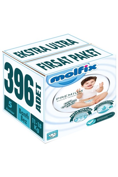 Molfix Premium Bebek Bezi Beden:5 (11-18KG) Junior 396 Adet Ekstra Ultra Fırsat Pk