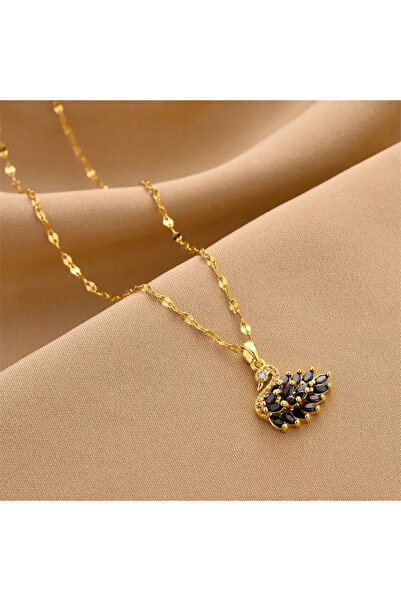 ANGELSS JEWELLERY Kuğu Kolye (Zirkon Siyah Taşlı Kuğu Kolye Gold Renk)