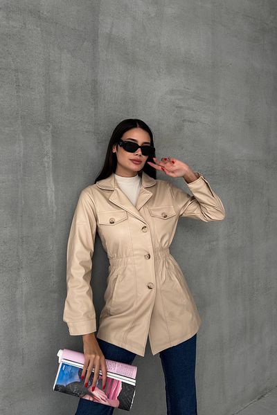 LACHT Df Women's Beige Elastic Waist Buttoned Leather Trench Coat