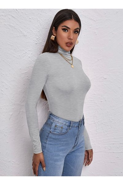 Actiwear Women's Half Turtleneck Long Sleeve Ribbed Camisole Blouse Body