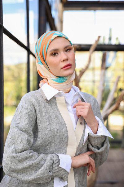 İpekhan Μαλακό κασκόλ Amanda με μοτίβο πορτοκαλί μπλε - 1170-01