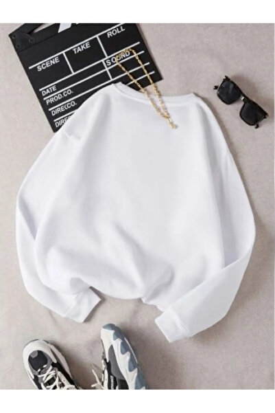 Jooy Company Бял дамски суитшърт с кръгло деколте и щампа на срамежливо мече