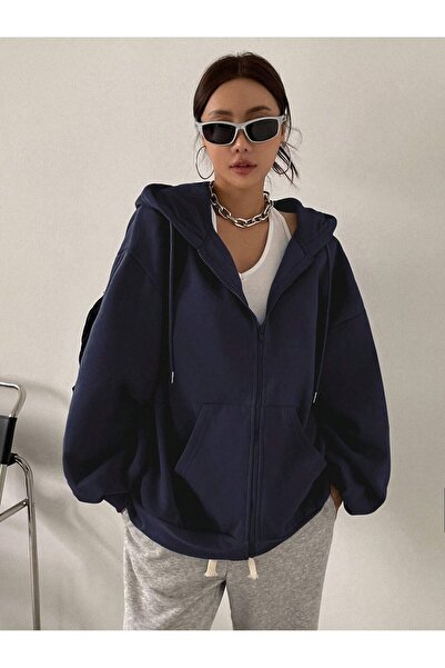 OVER HEAD Women's Navy Blue Hooded Cardigan Jacket