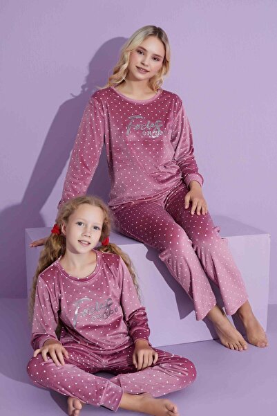 Mina Style بدلة بيجامة شتوية مخملية فرنسية مطبوعة بنقاط بولكا من الأم والفتاة