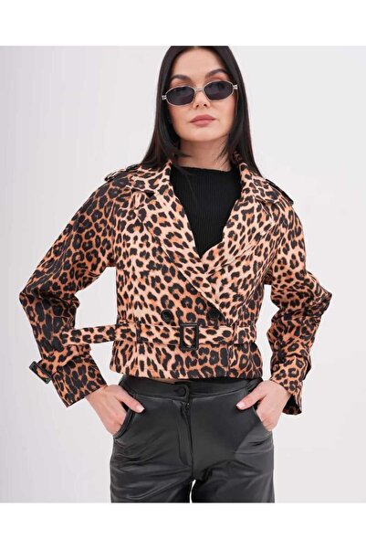 GALAVİP Yeni Sezon Kuşaklı Astarlı Mini Trençkot Kahve Leopar