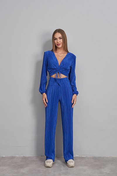 Rabia Çelik Women's Navy Blue Pleated Blouse Trousers Bottom Top Set