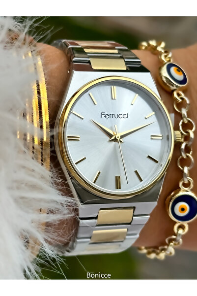 Ferrucci Brand Steel Cord Yellow/Silver Color Women's Wristwatch Evil Eye Beaded Bracelet