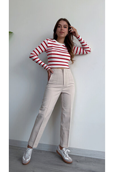 modadagiyim Striped Bicycle Collar Long Sleeve Licral Bluz