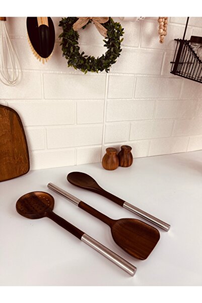 Mirilliahome 3 Pieces Steel Handle Acacia Kitchen Utensils Set - Spatula, Spoon, Colander