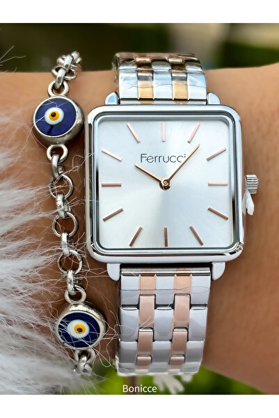 Ferrucci ساعة يد نسائية من الفولاذ باللون الوردي/الفضي مع هدية سوار