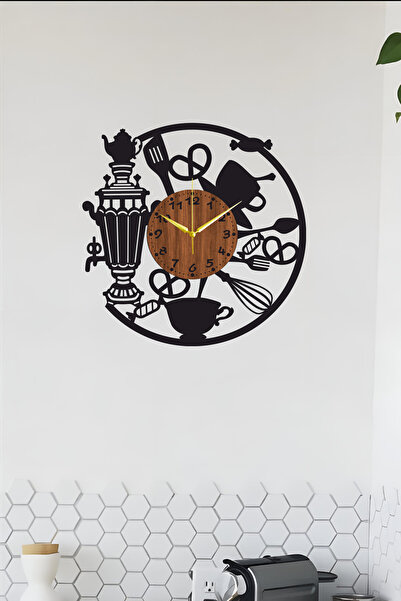 Ensa Design Cafe Duvar Saati Semaver Mutfak Saati- Ahşap Mutfak Duvar Saati 40cm