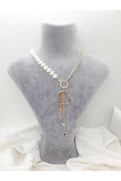 Yağmur İNCİ KOLYE KALPLİ  GOLD RENK ZİNCİRLİ ZİRKON TAŞLI NAZAR BONCUKLU BAROK İNCİLİ  KOMBİN ÇOKLU KOLYE