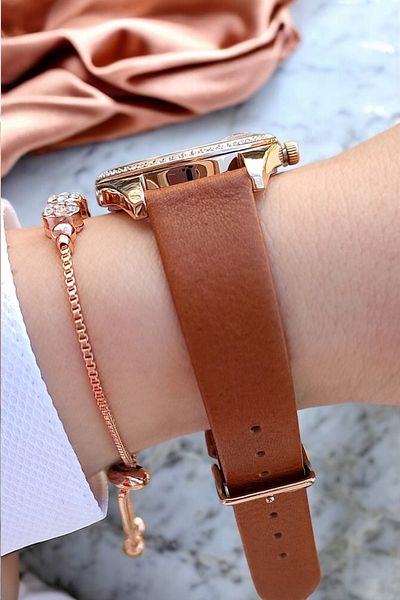 Daniel Klein Tan Leather Women's Wristwatch with Rose Case and Jewelled Calendar - Jewelled Bracelet Gift