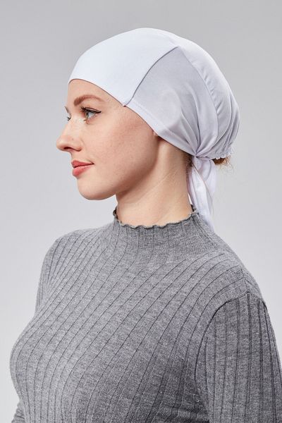 Sonbaharmoda Women's Hijab Lycra Combed Seamless Non-Slip Plain Laced Bonnet White