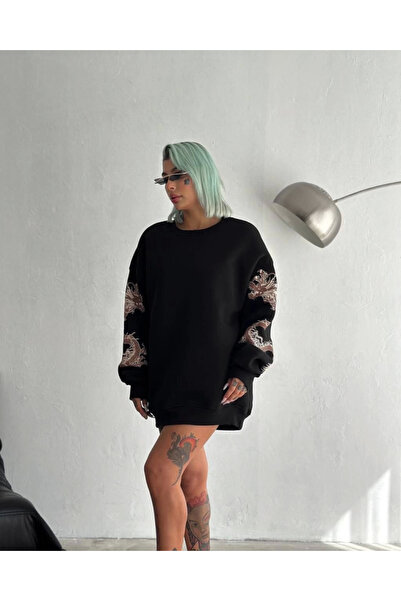 JANES Черен суитшърт с щампа и кръгло деколте