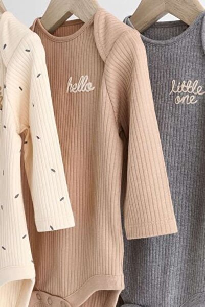 Next Baby 100% Cotton Cream Brown Long Sleeve 3-Piece Bodysuit Set