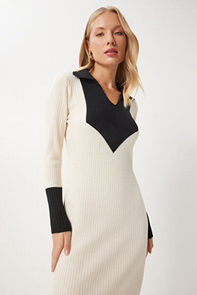 Lovelyİstanbul Kontrast Polo Yaka Triko Elbise EKRU LJG0001