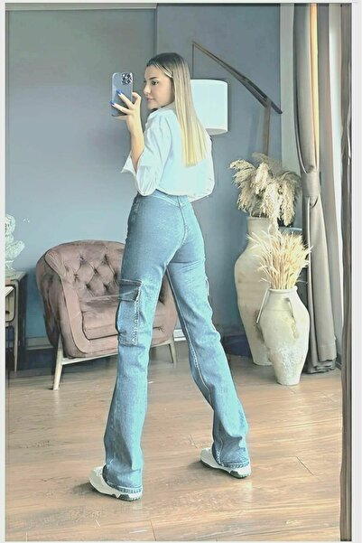 Trn JNS Alya Dark Blue Cargo Loose πίσω τζιν παντελόνι Lycra χωρίς τσέπη