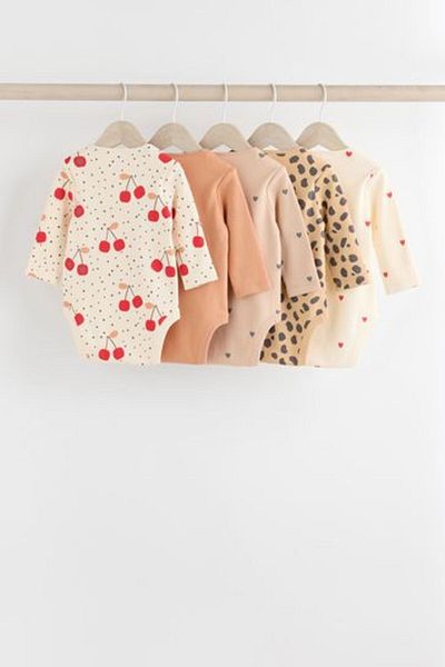 Next Baby 100% Cotton Cream Brown Cherry Patterned Long Sleeve 5-Piece Bodysuit Set