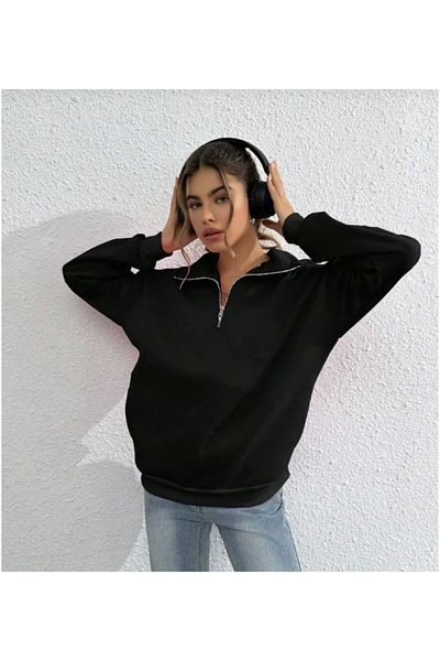 Simala Unisex Μακρυμάνικο Βασικό Φούτερ με μισό γιακά - Μαύρο