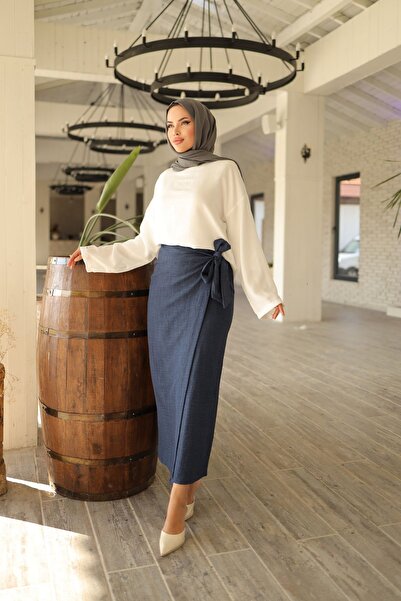 BYzıt تنورة مبطنة من مزيج الكتان برباط جانبي - لا تشير إلى الجزء الداخلي