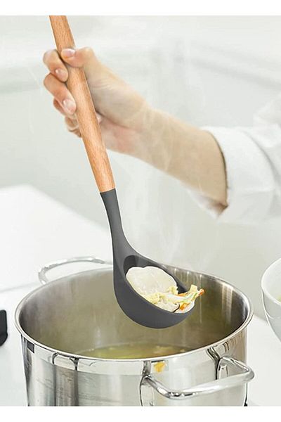 Jet's Home Silicone Ladle Kitchen Ladle with Wooden Handle 31 cm