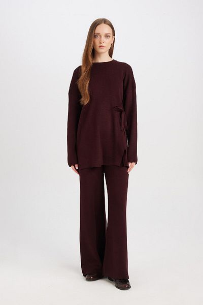 DeFacto Regular Fit Crew Neck Tie-Up Basic Plain Knitwear Sweater Tunic D7508Ax24Wn