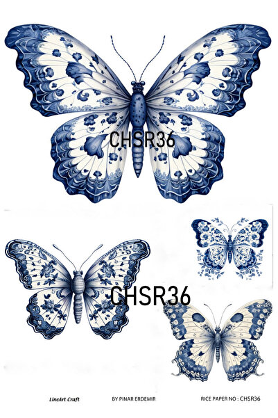 LİNEART Blue and White Butterfly Patterned Chino Series Brass Decopaji - 29X4...