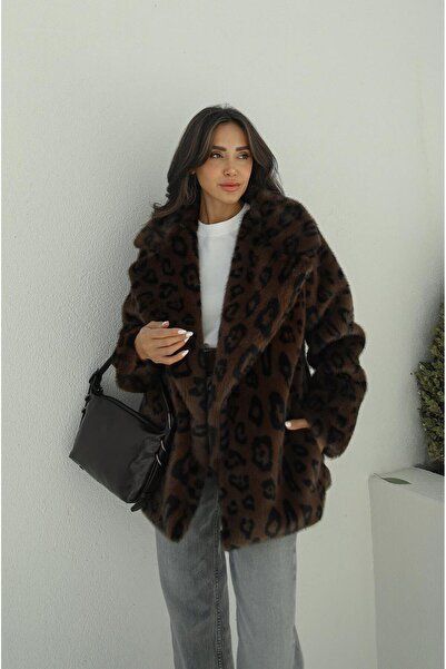Havoş Brown Leopard Faux Fur Coat