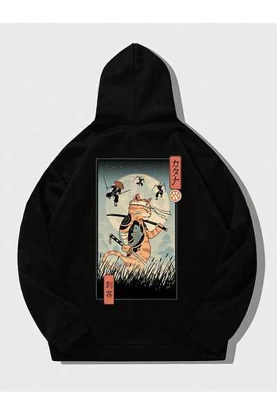 aynewmoda Hanorac negru cu glugă supradimensionat cu model Samurai Cat